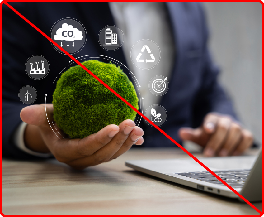 Avoid clichéd graphic elements including icon overlays on photos, puzzle pieces, and contrived symbolic props