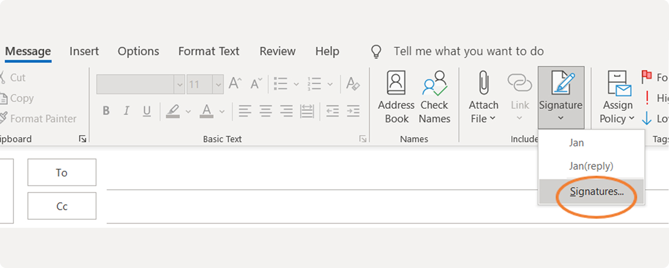 1. In a “New Email”, select “Signature” → “Signatures…”